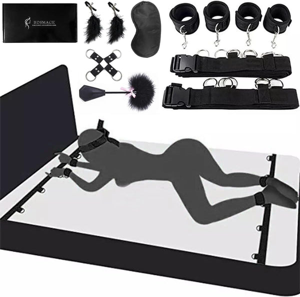 Kit de retenue BDSM 7 pièces – Avec fouet à plumes, masque, menottes et pinces à tétons pour couples